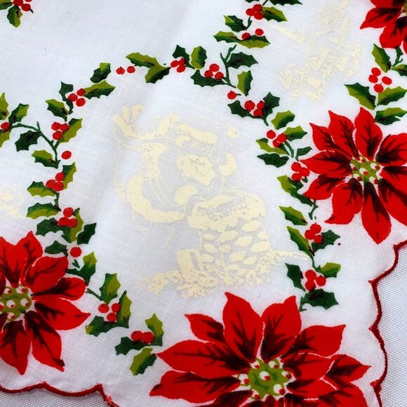 Vintage Christmas Poinsettia & Holly Handkerchief 13"x13" Square Cotton - Picture 3 of 9